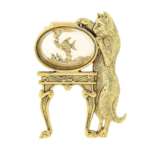 1928 Jewelry Women's 14k Gold-Dipped Crystal Cat and Fish Bowl Pin, Gold, One Size, gold