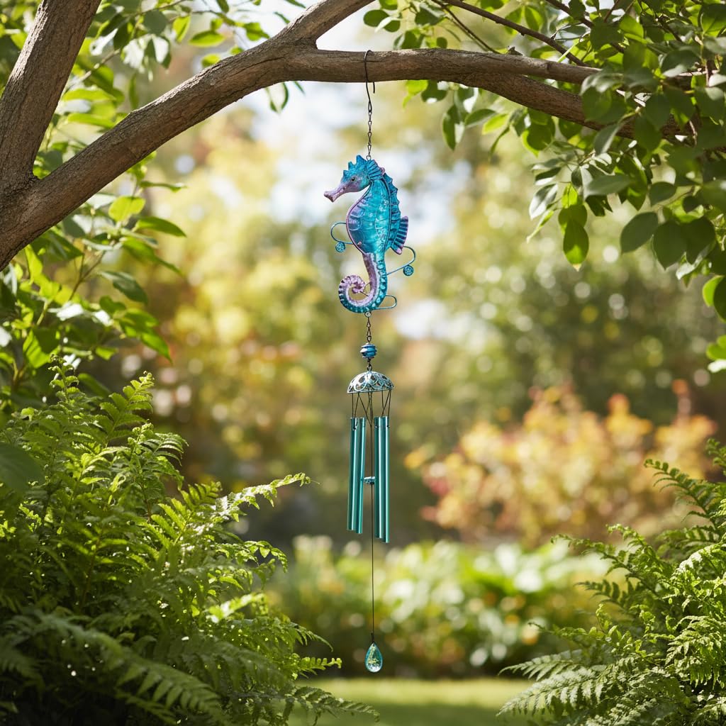 Comfy Hour Farmhouse Home Decor Collection Metal Art 35" Seahorse Ocean Wild Animal Windchime Hanging Windbell Blue