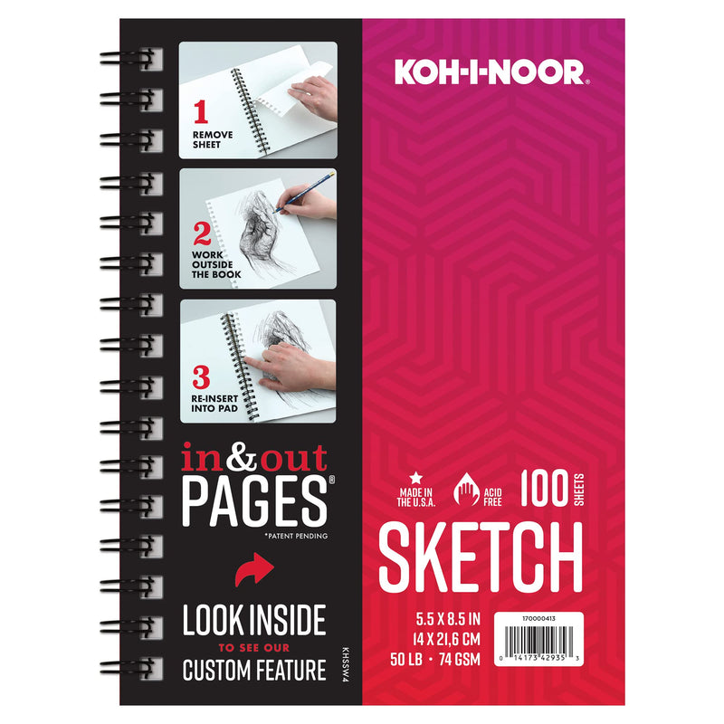 Koh-I-Noor Sketch Paper Pad with in &amp; Out Pages, 50 lb. / 74 GSM, 5.5&quot; x 8.5&quot;, Side Wire Bound, 100 White Sheets/Pad, 1 Each