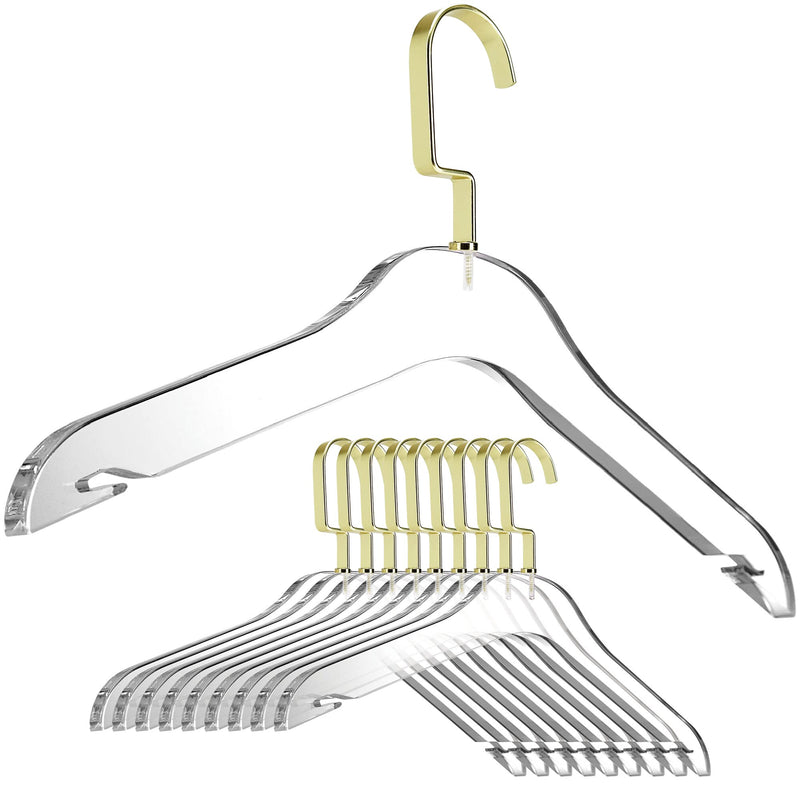 Clear Acrylic Clothes Hangers - 10 Pack Stylish and Heavy Duty Closet Organizer with Chrome Plated Steel Hooks - Non-Slip Notches for Suit Jacket, Sweater - by Designstyles (Matte Gold)