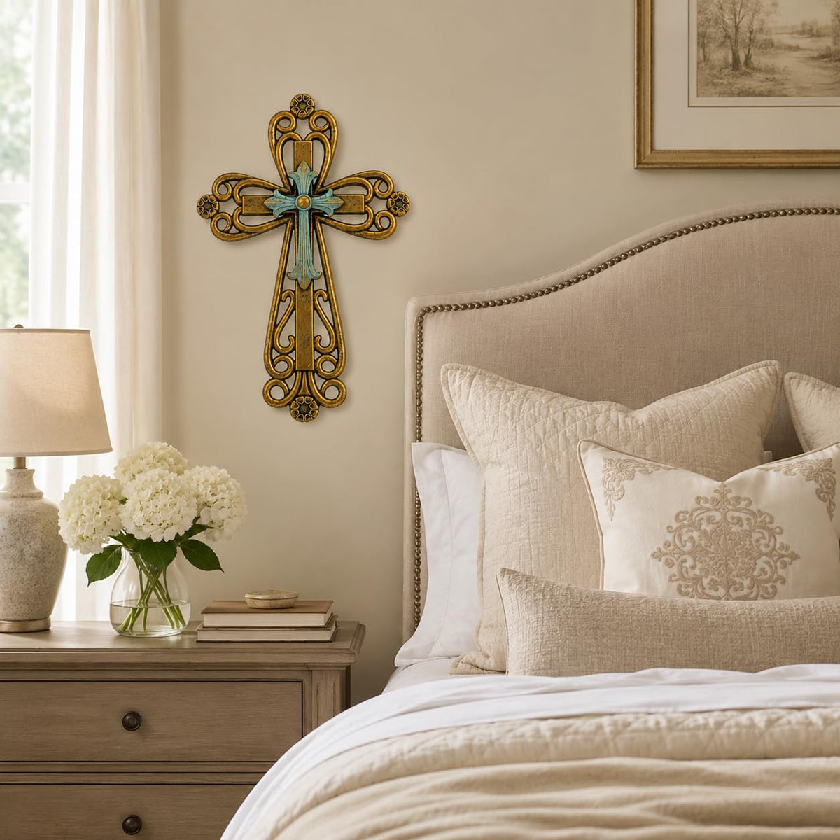 Comfy Hour 13 Inch Cross Wall Decor, Bronze Turquoise Christian Cross