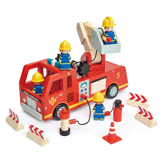 Tender Leaf Toys - Fire Engine - Wooden Fire Truck Toy with Firefighters and Accessories for Age 3+