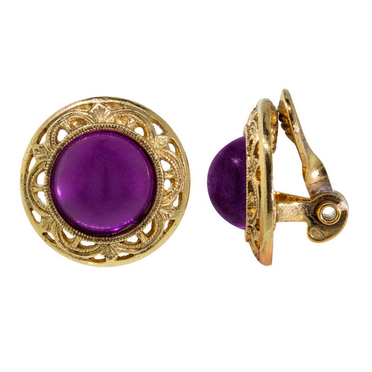 1928 Jewelry Women'S Gold Tone Purple Stone Round Button Clip Earrings, Purple, One Size