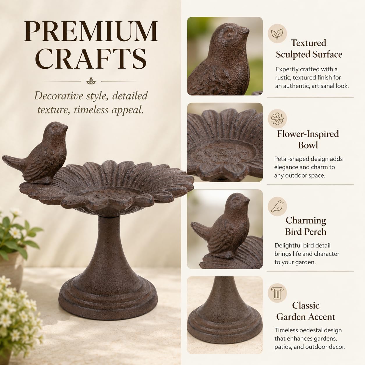 Comfy Hour Bird Meets Garden Bath Collection 6" Cast Iron Birdfeeder Birdbath Outdoor Garden, Brown
