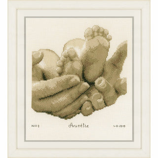 Vervaco Birth Record Counted Cross Stitch Kit 8.8"X9.2"-Baby Feet in Ecru (14 Count)