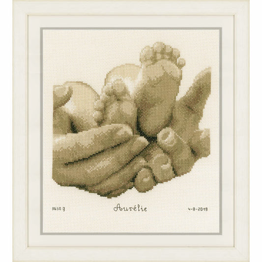 Vervaco Birth Record Counted Cross Stitch Kit 8.8"X9.2"-Baby Feet in Ecru (14 Count)