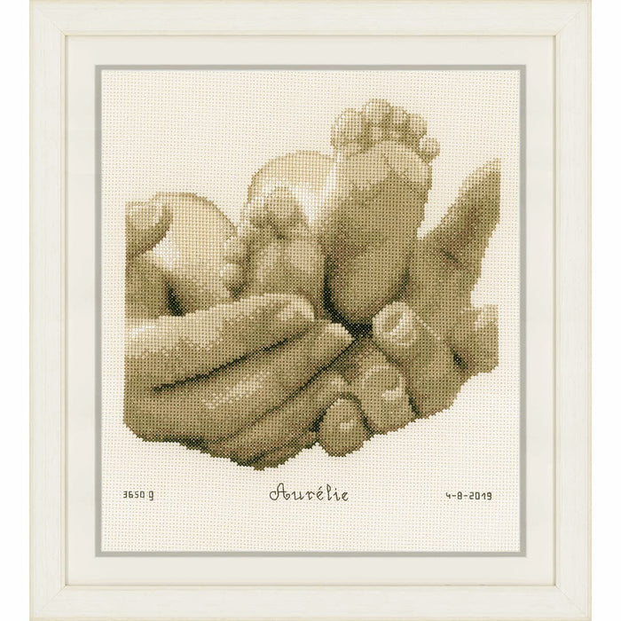 Vervaco Birth Record Counted Cross Stitch Kit 8.8"X9.2"-Baby Feet in Ecru (14 Count)