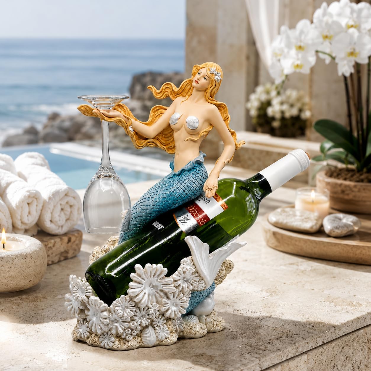 Comfy Hour 13 Inch Mermaid Wine Bottle Holder, Nautical Decor