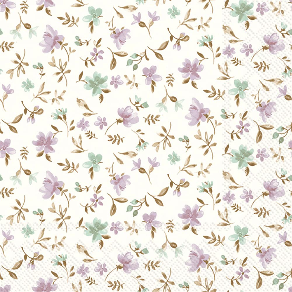 Boston International IHR 3-Ply Paper Napkins, 20-Count Cocktail Size, Fleurs Lilac Green