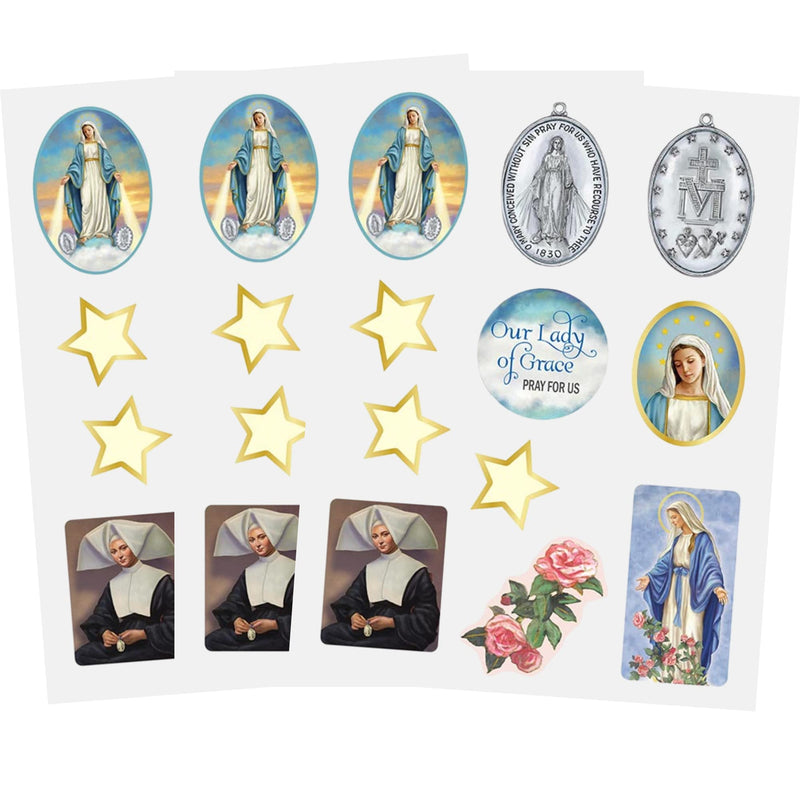 Assorted Catholic Decal Sticker Sheet Pack, Our Lady of Grace, Novelty Religious Inspirational Stickers for Sunday Schools, Scrapbooking, Journaling, Church Giveaways, and More, 3 Sheets Included