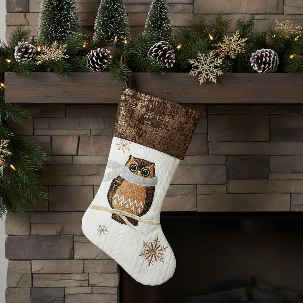 Comfy Hour 18 Inch Owl Christmas Stocking, Rustic Woodland Decor