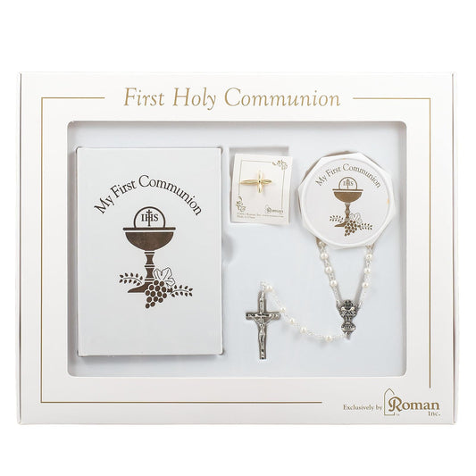 Roman First Holy Communion Gift Set for Girl with Common Prayers Book, Rosary, Box and Pin