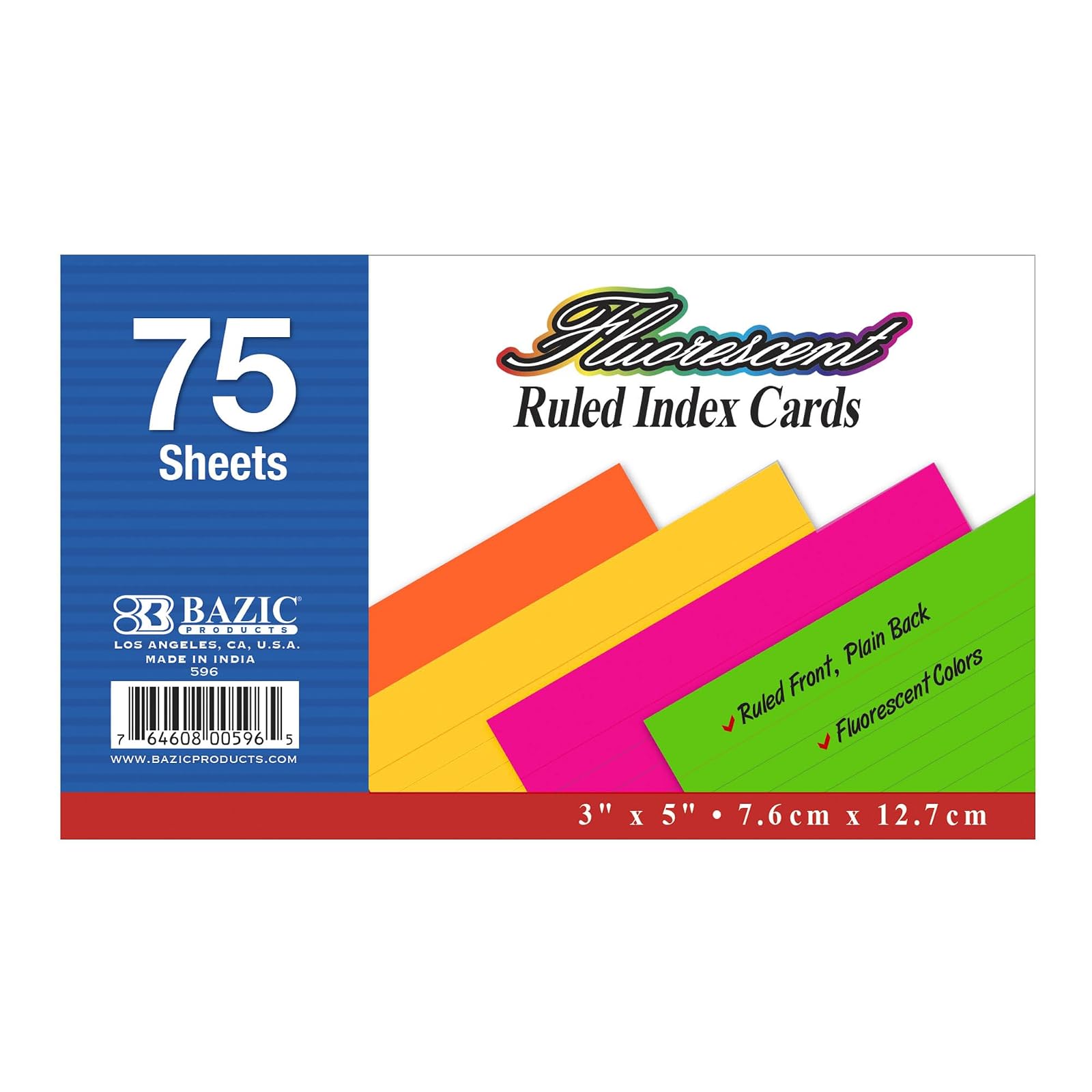 BAZIC 75 Count 3" X 5" Ruled Fluorescent Colored Index Card (596)