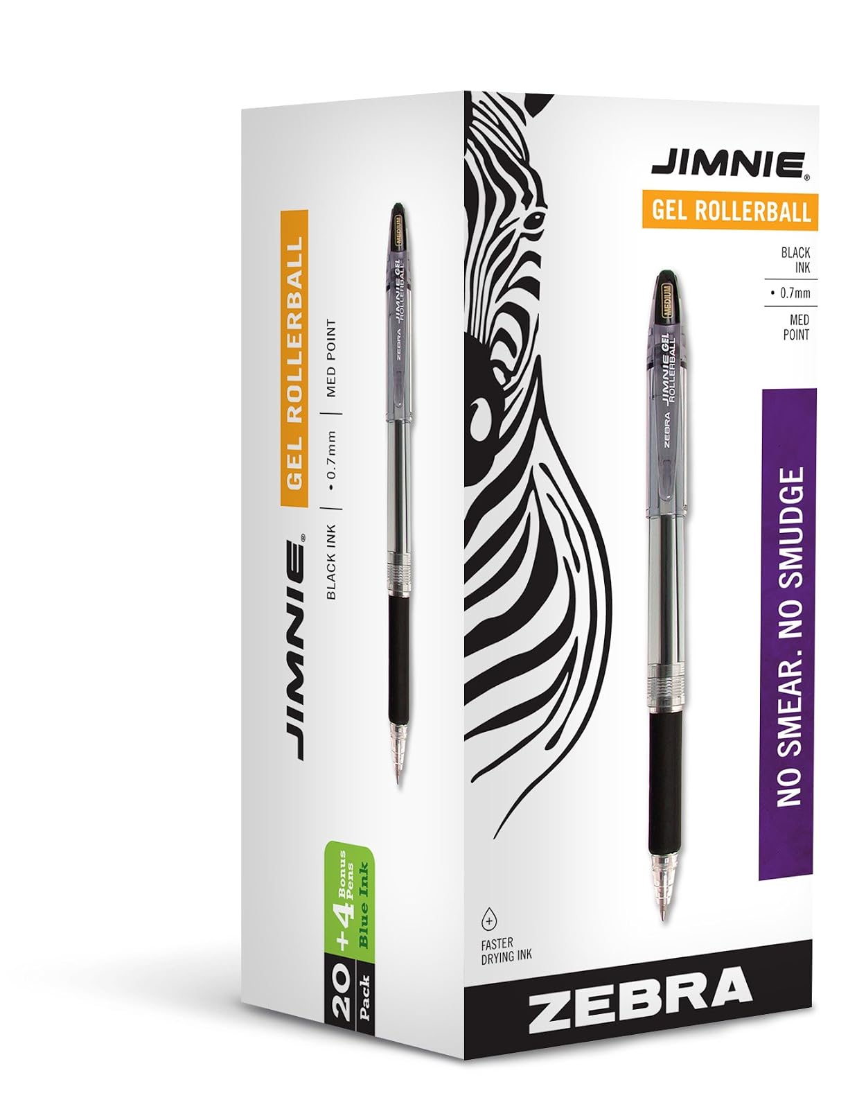 Zebra Pen Jimnie Roller Ball Stick Gel Pen, Black Ink, Medium, 24 per Pack (14410)