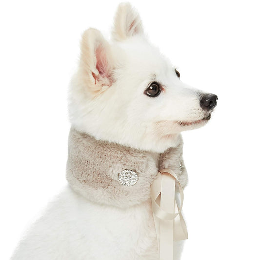 Blueberry Pet Soft & Comfy Peachy Beige Faux Fur Dog Scarf with Princess-Like Diamonds, Medium