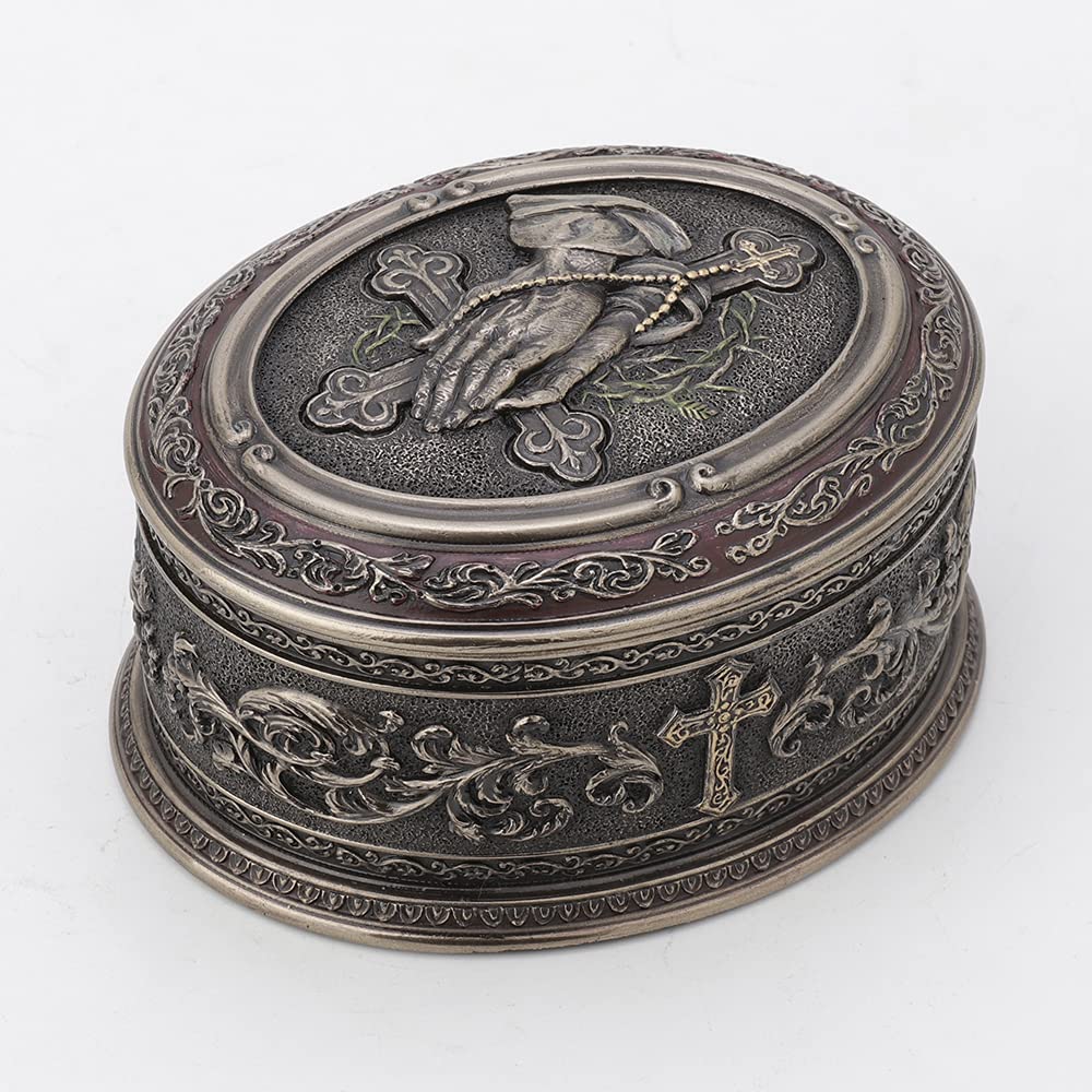 Unicorn Studio Veronese Design 2 1/2 Inch Tall Praying Hand Oval Shape Trinket Box Cold Cast Bronzed Resin Sculpture Religious Decor Figurine
