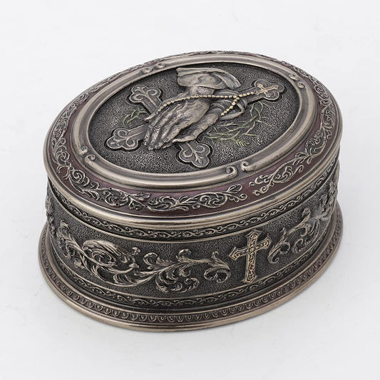 Unicorn Studio Veronese Design 2 1/2 Inch Tall Praying Hand Oval Shape Trinket Box Cold Cast Bronzed Resin Sculpture Religious Decor Figurine