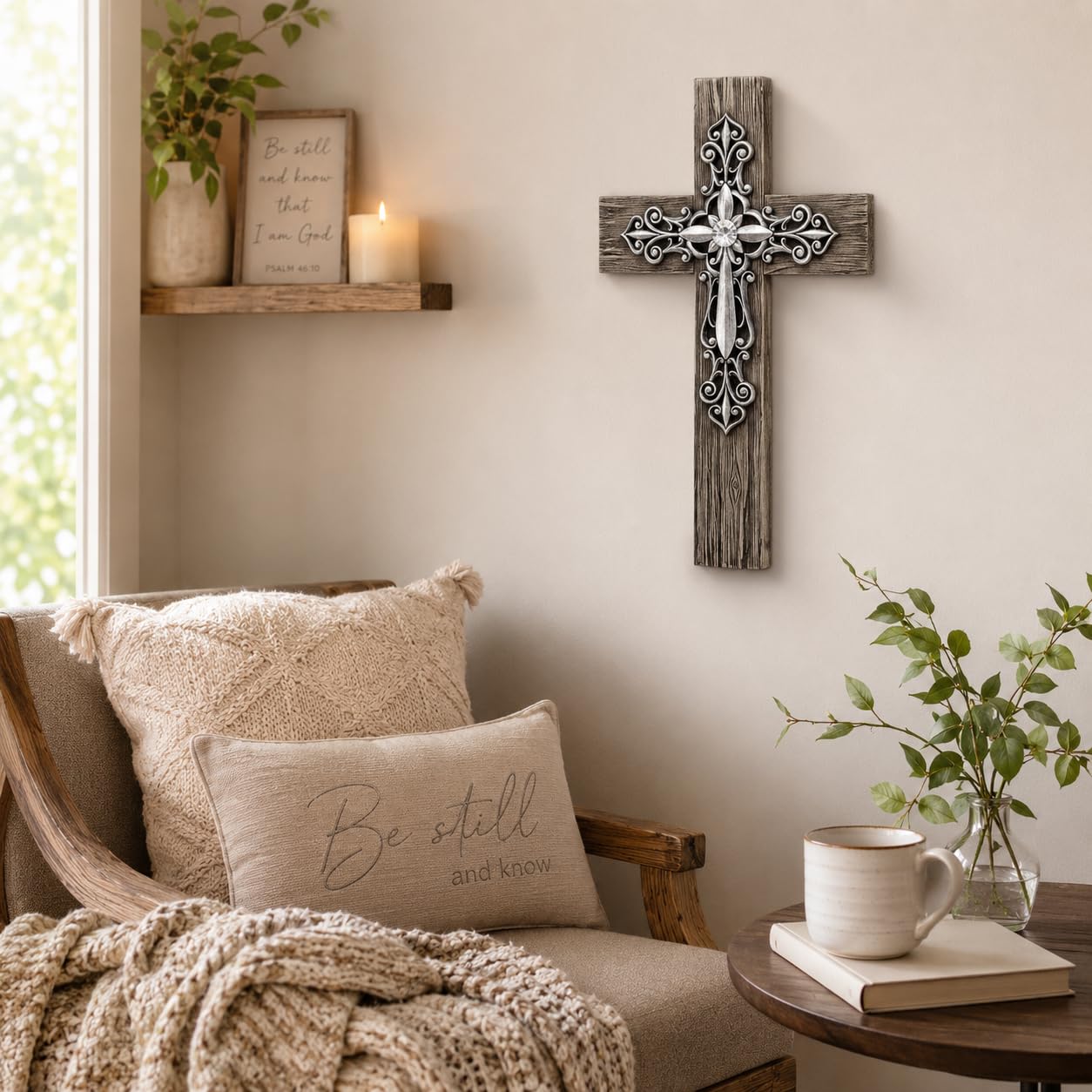 Comfy Hour 14.5 Inch Cross for Wall, Rustic Wood Look Wall Cross, 1 Piece