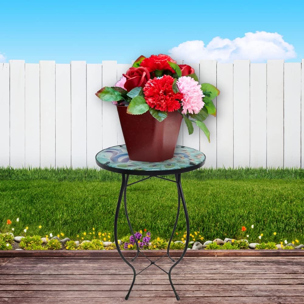 Comfy Hour Peacock Decor Collection 21" Blue Peacock Glass Top Metal Art Flowerpot Holder Plant Support Flower Stand, Garden and Home