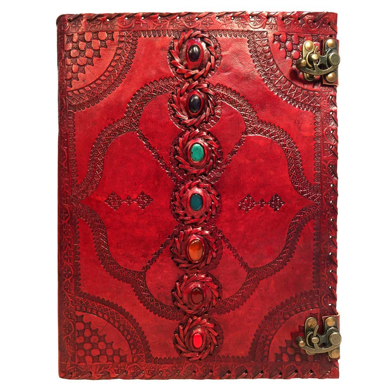 TUZECH Seven Chakra Medieval Stone Embossed Handmade Jumbo Leather Journal Book of Shadows Notebook Office Diary College Poetry Sketch (Red, 18 Inches)