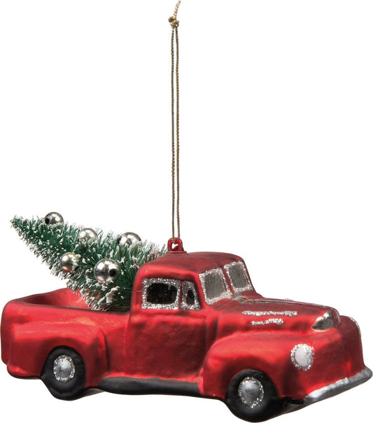 Primitives By Kathy Red Truck with Christmas Tree Glass Ornament Holiday Decoration 29420 New