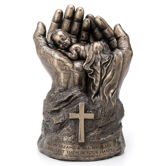 Unicorn Studio Veronese Design 8.25 Inch Sleeping Baby in Lord's Hands Cross Religious Motivational Spiritual Sculpture Antique Bronze Finish Statue
