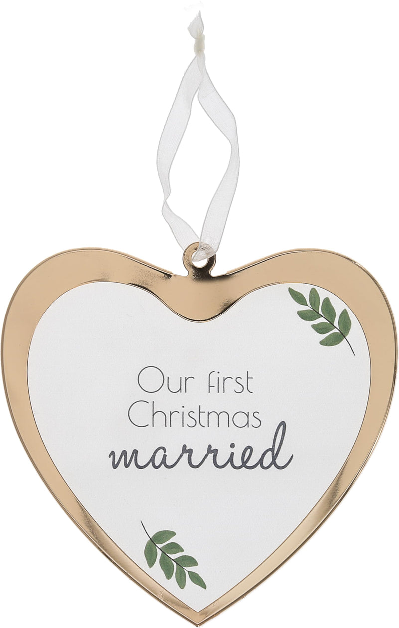 Pavilion - Our First Christmas Married - 4.75" Glass Heart Ornament Classy Elegant Modern Celebratory Spouses Husband Wife Bride Groom with Ribbon for Hanging