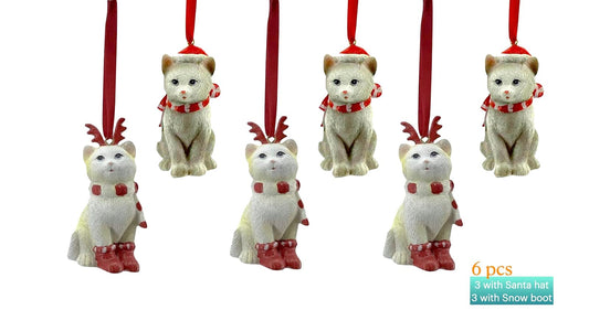 Comfy Hour Joyful Holiday Collection Cats Wearing Scarf Santa Cap Reindeer Antler Headwear Christmas Ornaments, Winter Party Dcor, Polyresin, Set of 6