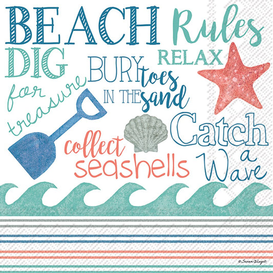 Boston International Celebrate the Home Beach-Themed 3-Ply Paper Cocktail Napkins, Beach Rules, 20-Count