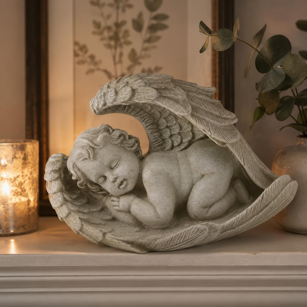 Comfy Hour 9 Inch Baby Angel Statue, Sleeping Cherub in Wing Decor