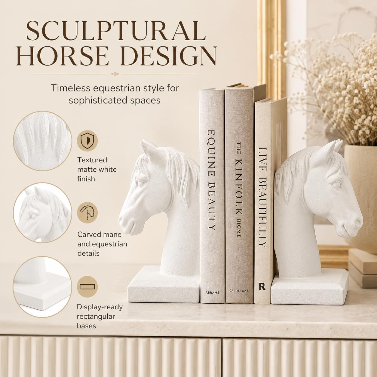 Comfy Hour Farmhouse Home Decor Collection 5" Length 7" Height Set 2 Horse Head Bookends Art Bookend, 1 Pair, Antique Style, Heavy Weight, White, Polyresin