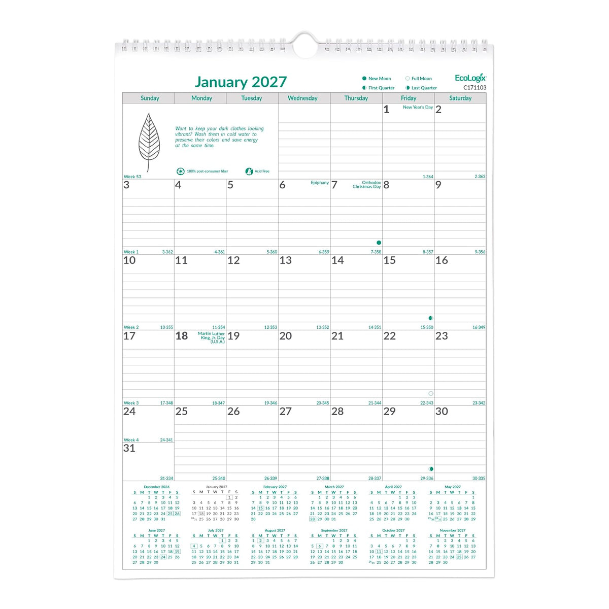 Rediform Calendar, Green/White