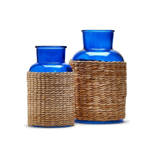 Two's Company Glass Candle Holder/Vase with Rattan Wrap Set of 2 - Glass/Sea Grass