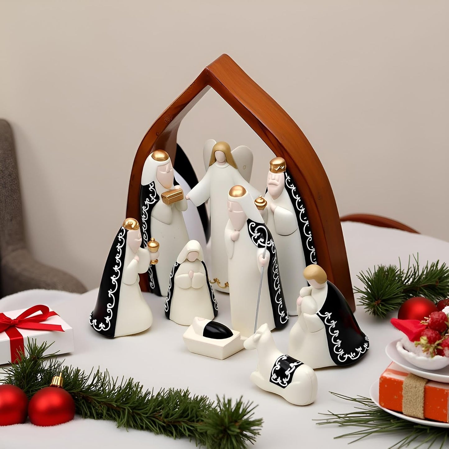 Comfy Hour Faith and Hope Collection Baby Jesus, Holy Family with Angel, Christmas Nativity Scene Figurine, Stable Set of 9 Pieces, Polyresin