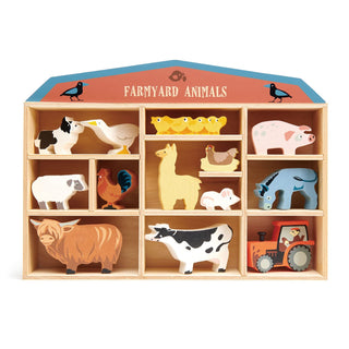Tender Leaf Toys - Farmyard Animals 13 Wooden Country Farm Figurines with a Display Shelf for Age 3+