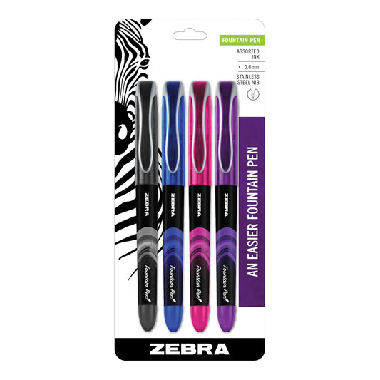 Zebra Pen Fountain Pen Set, Fine Point 0.6mm, Assorted Colors Non-Toxic Ink, Stainless Steel Nib, Disposable, 4-Pack (48304), Black, Pink, Purple, Blue