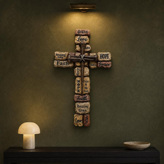 Comfy Hour 12 Inch Cross Wall Decor, Stacked Stone Wall Cross