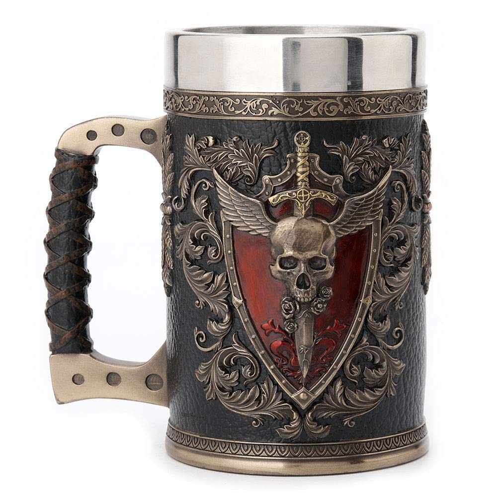 Unicorn Studio Veronese Design 6.25 Inch 0.5 L Winged Sword And Shield Skull Crest Beer Stein Stainless Steel Tumbler Antique Bronze Finish Sculpture Cup