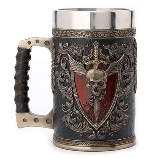 Unicorn Studio Veronese Design 6.25 Inch 0.5 L Winged Sword And Shield Skull Crest Beer Stein Stainless Steel Tumbler Antique Bronze Finish Sculpture Cup
