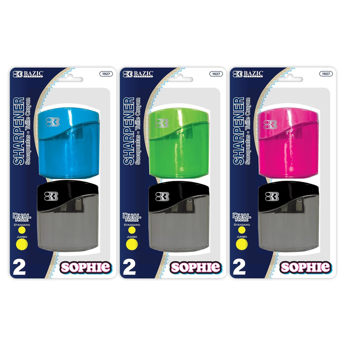 BAZIC PRODUCTS Pencil Sharpener, 2 Count (Pack of 1), Red/Black/Blue