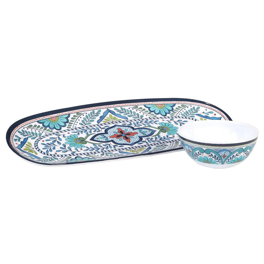 Certified International Talavera Oval Tray with Dip Bowl Set, 15-inch Length, For Everyday Use, Kitchen Accessories, Party Celebration
