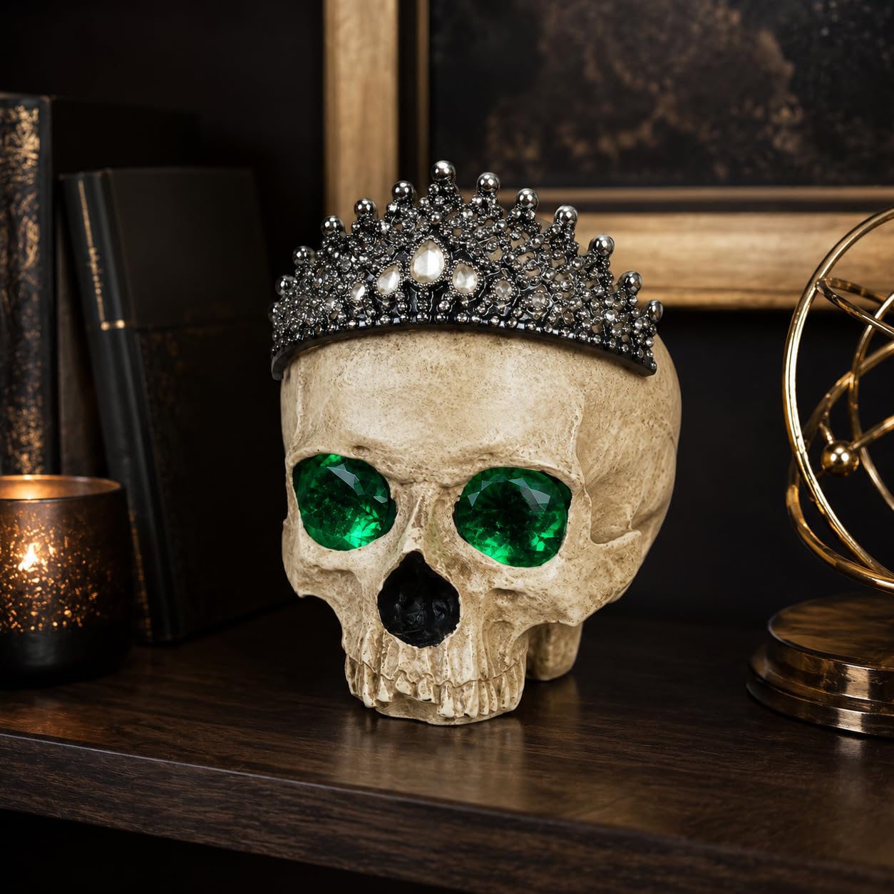 Comfy Hour Fairyland Collection Resin Horrific Human Skull Head Bone Wearing Crown with LED Light in Eyes Statue, Halloween Accent Decor, Polyresin
