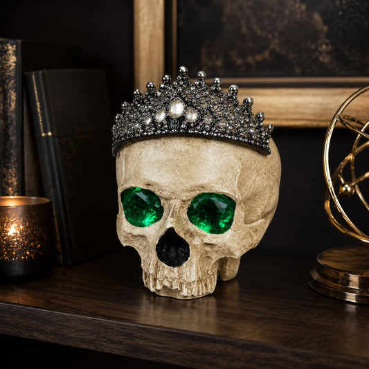 Comfy Hour Fairyland Collection Resin Horrific Human Skull Head Bone Wearing Crown with LED Light in Eyes Statue, Halloween Accent Decor, Polyresin