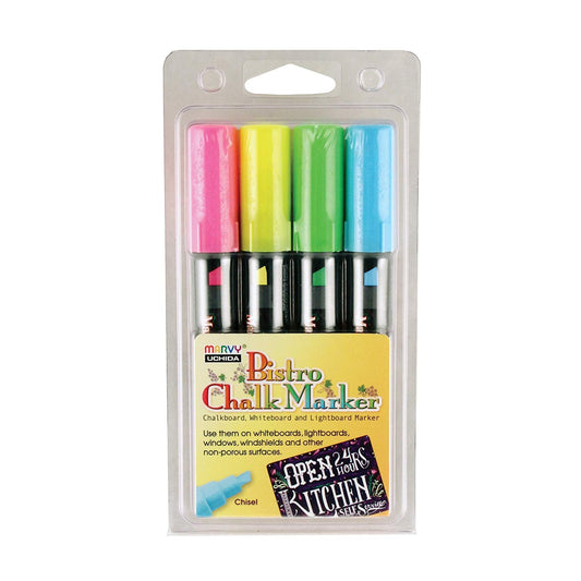 UCHIDA 483-4H Chisel Tip Bistro Chalk Marker Set, Fluorescent Colors