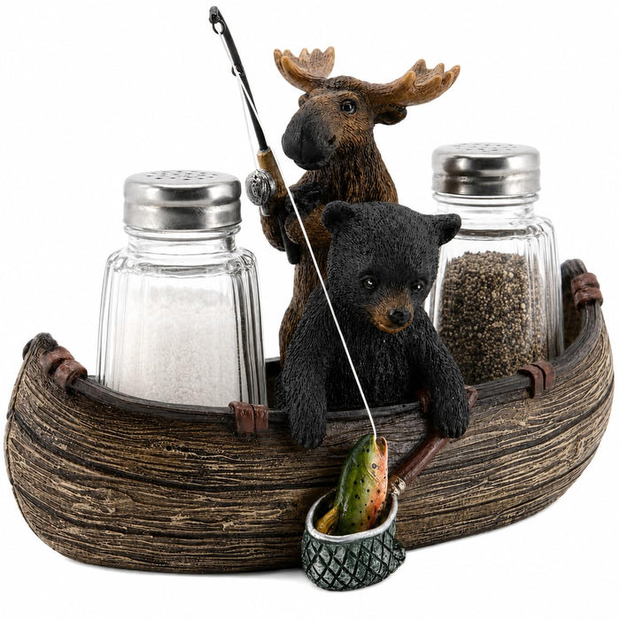 Comfy Hour 6.7 Inch Bear Salt and Pepper Shakers, Moose Canoe Holder