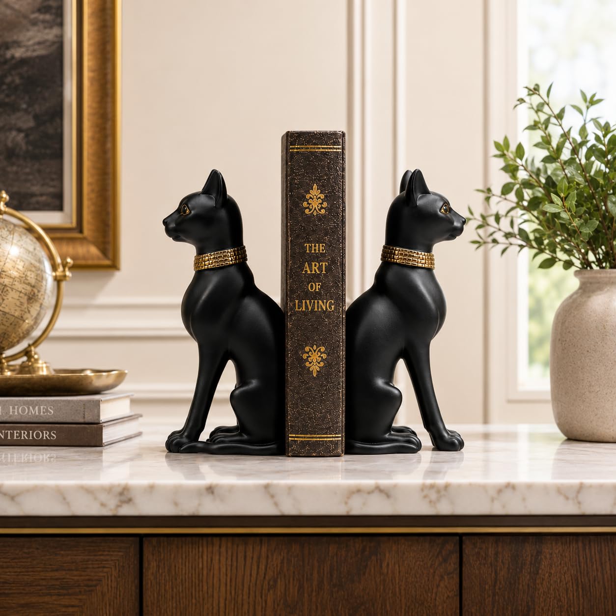 Comfy Hour Farmhouse Home Decor Collection Polyresin Solid Heavy Set of L/R Egyptian Cats Art Bookends, 1 Pair, Black