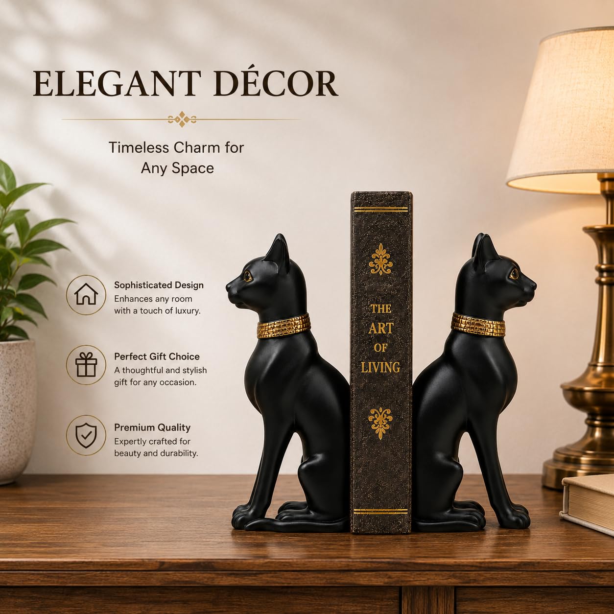 Comfy Hour Farmhouse Home Decor Collection Polyresin Solid Heavy Set of L/R Egyptian Cats Art Bookends, 1 Pair, Black