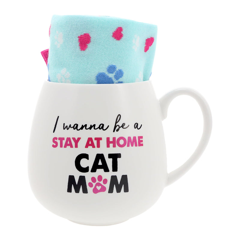 Pavilion - I Wanna Be A Stay At Home Cat Mom - 15.5 oz Mug &amp; Novelty Patterned 9-13 US Women Pawprint Feline Kitten Kitty Rescue Adoption Cat Mom Wife Girlfriend Gift Present