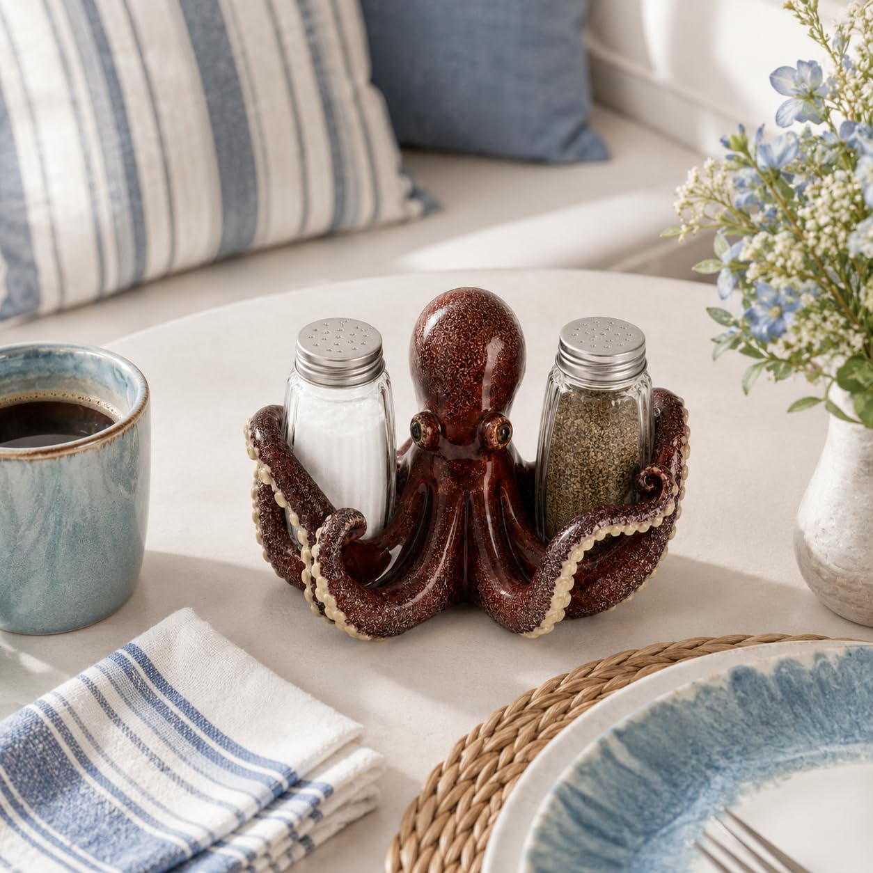 Comfy Hour 6 Inch Octopus Salt and Pepper Shakers, Red Holder