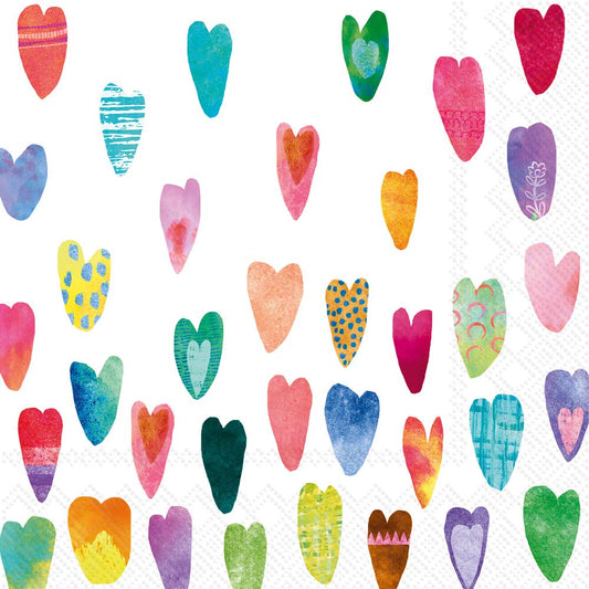 Boston International IHR 3-Ply Cocktail Beverage Paper Napkins, 5 x 5-Inches, Rainbow Hearts